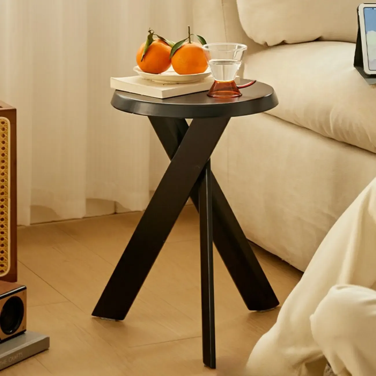 Modern Round Wood Side Table with Cross Legs