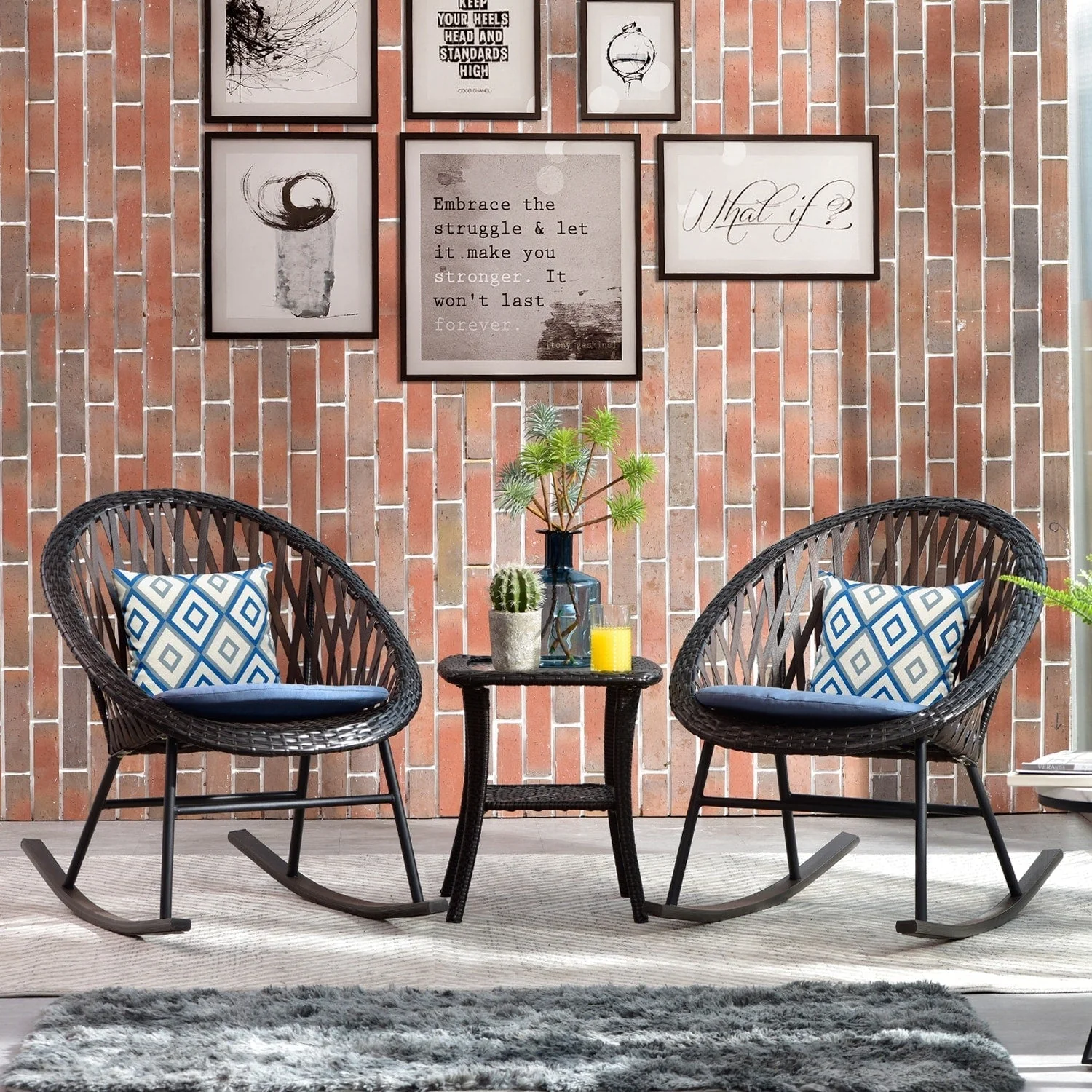 OVIOS 3-piece Patio Rocking Chair Bistro Set with Glass Coffee Table