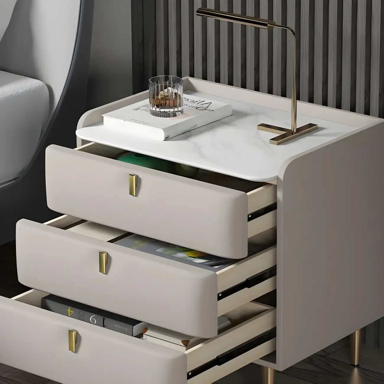 Glam Leather Sintered Stone Top Nightstand with Drawers