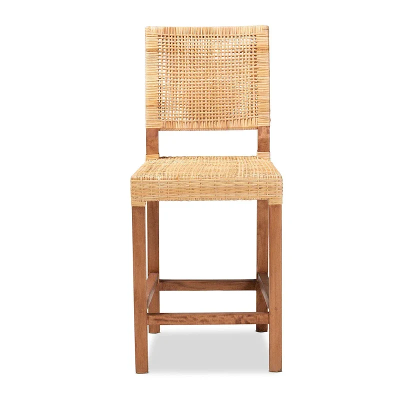 Lesia Modern Bohemian Natural Brown Rattan and Wood Counter Stool