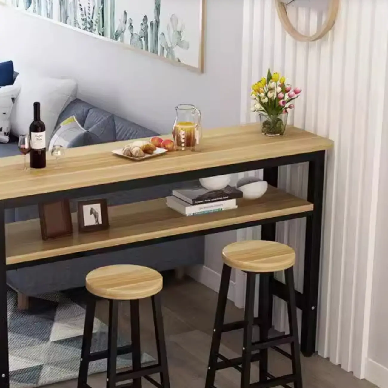 Irregular Natural Wooden Metal Fixed Top Bar Tables