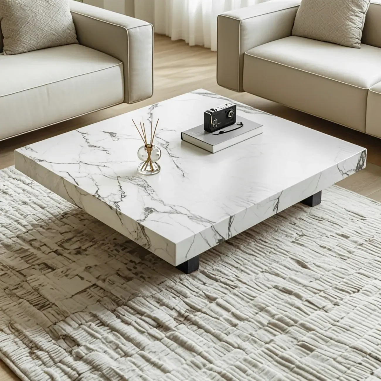 Modern Beige Sintered Stone Square Sleigh Base Coffee Table