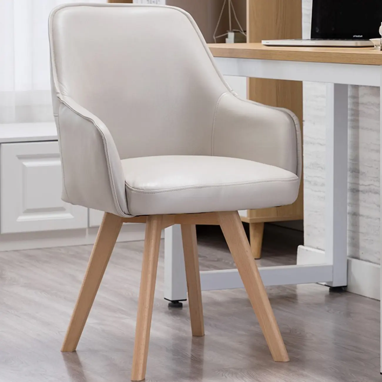 Scandinavian Leather Swivel Dining Chair with Wood Legs