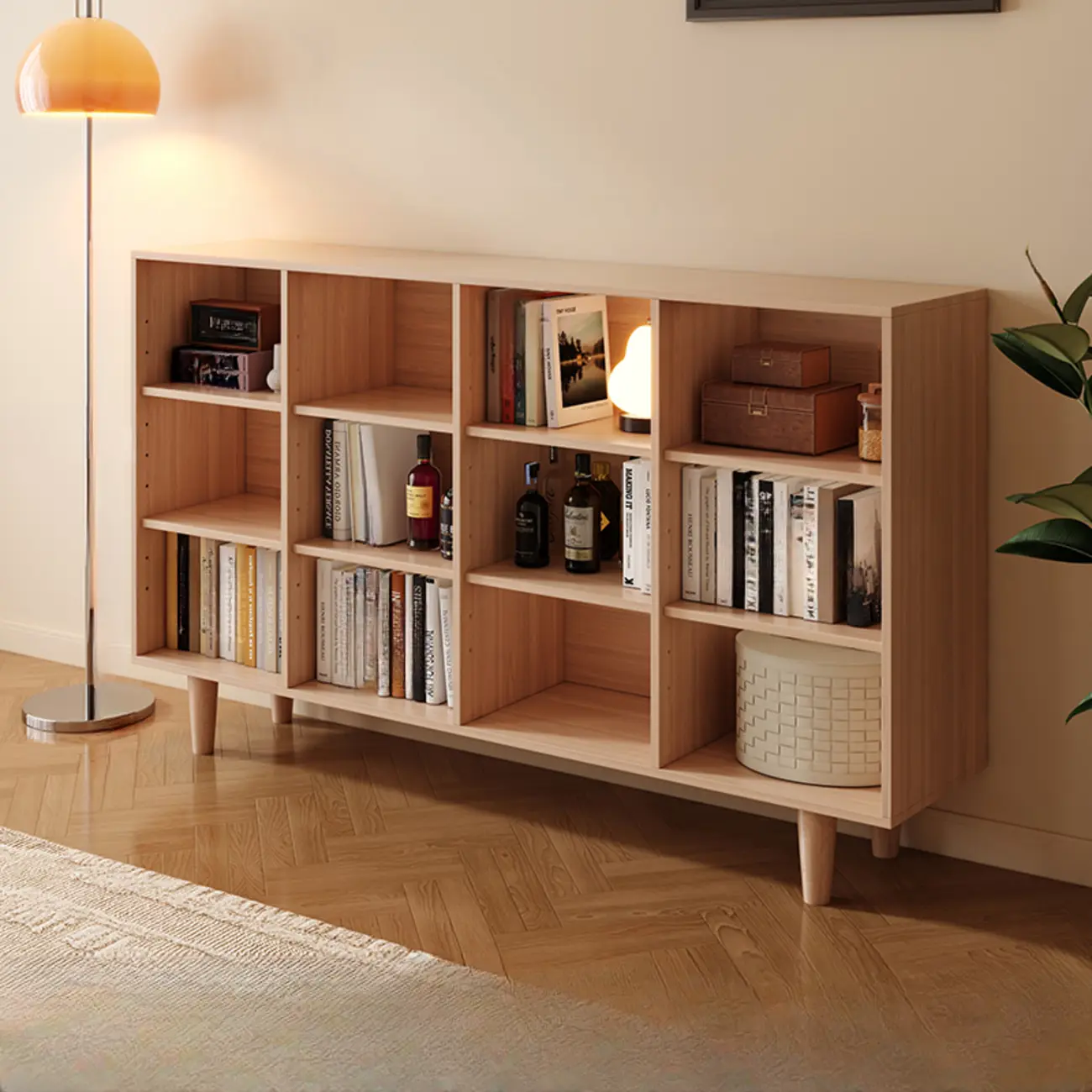 Wide 7-Shelf Modern Wooden Nut-Brown Open Bookcase
