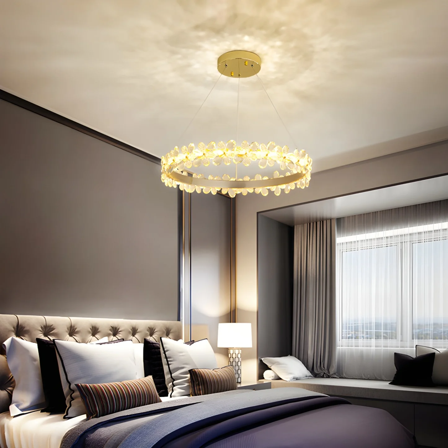 Modern Gold Dimmable LED Flower Crystal Ring Chandelier