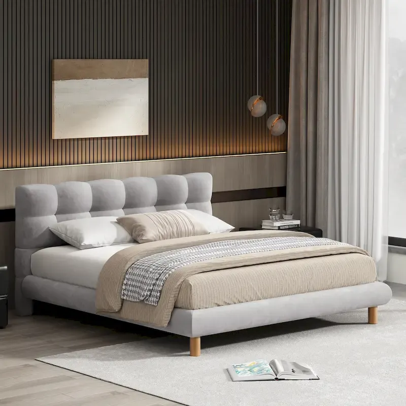 Grey Platform Bed Frame with Cookieshaped Headboard Upholstered Wingback Bed, Low-Profile Grounded Bed with Round Wood Legs