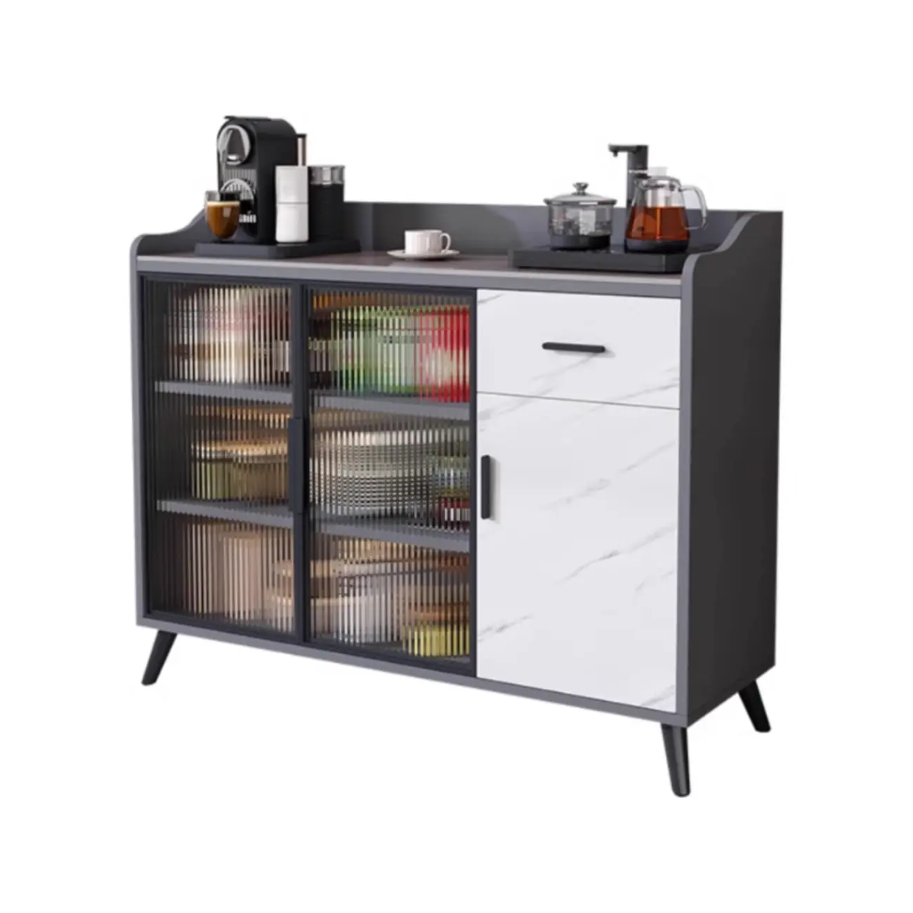 Modish Multi-Compartment Stone-Top Wood Buffet Cabinet