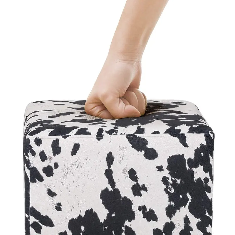 Adeco British Style Cow Print Cube Ottoman Home Bench Classy Footstool
