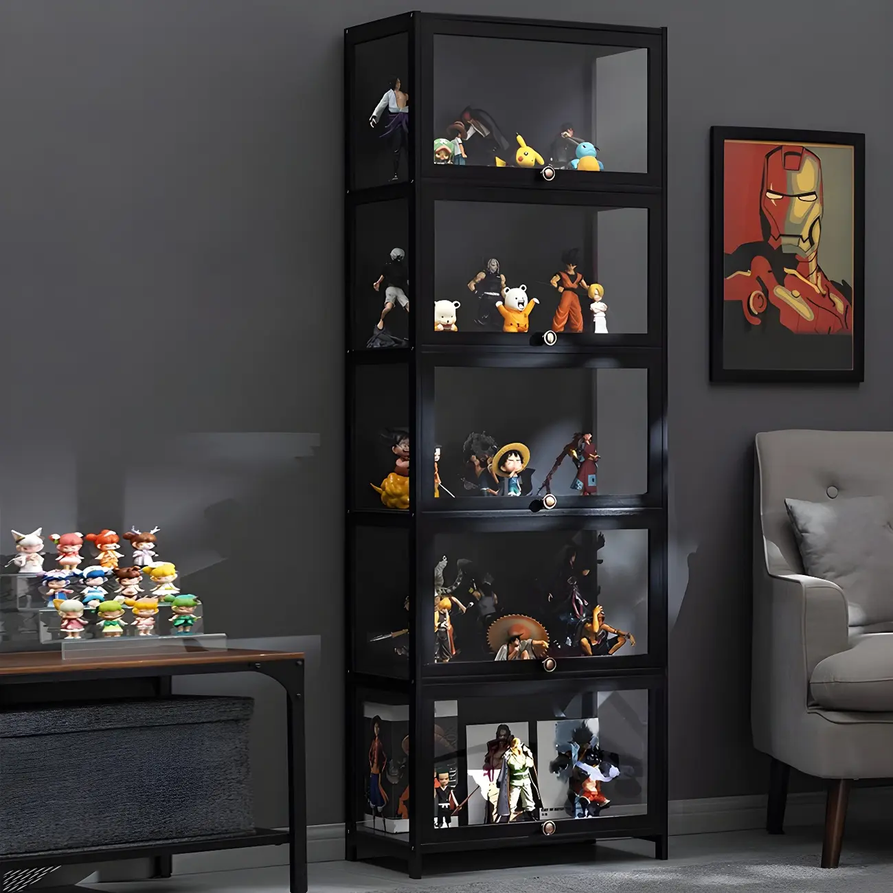 Elegant Black Bamboo Clear Figure Display Cabinet