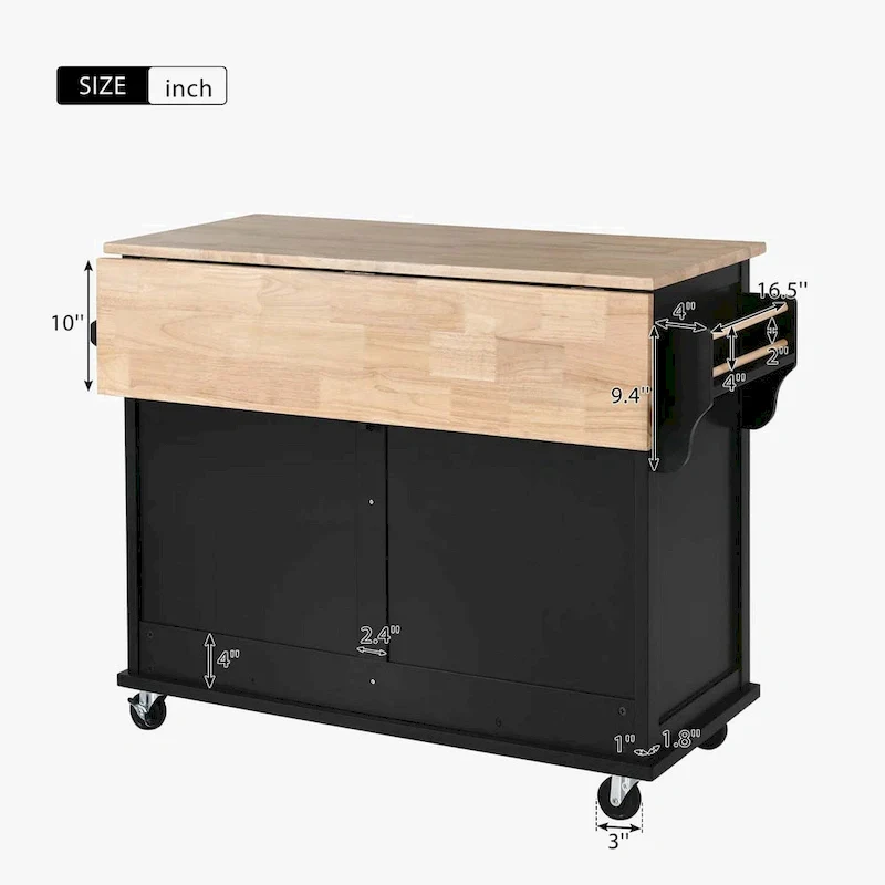 Kitchen Cart with Rubber wood Drop-Leaf Countertop