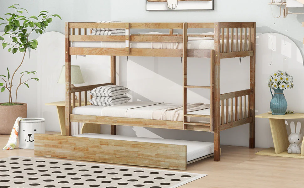 Walker Edison | Convertible Twin Over Twin Bunk Bed with Trundle with Ladder Sleeps 3