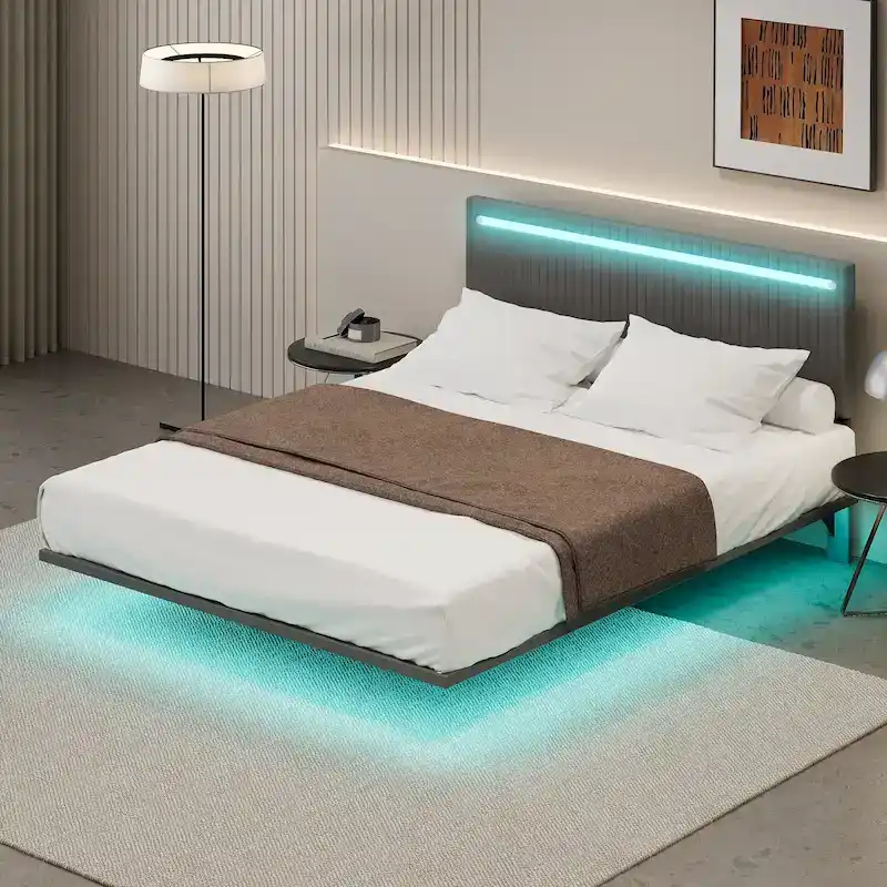 Modern Full Size Bed Frame with LED Lights, Remote Control for Different Light Colors, Sensor Lights, No Box Spring Needed
