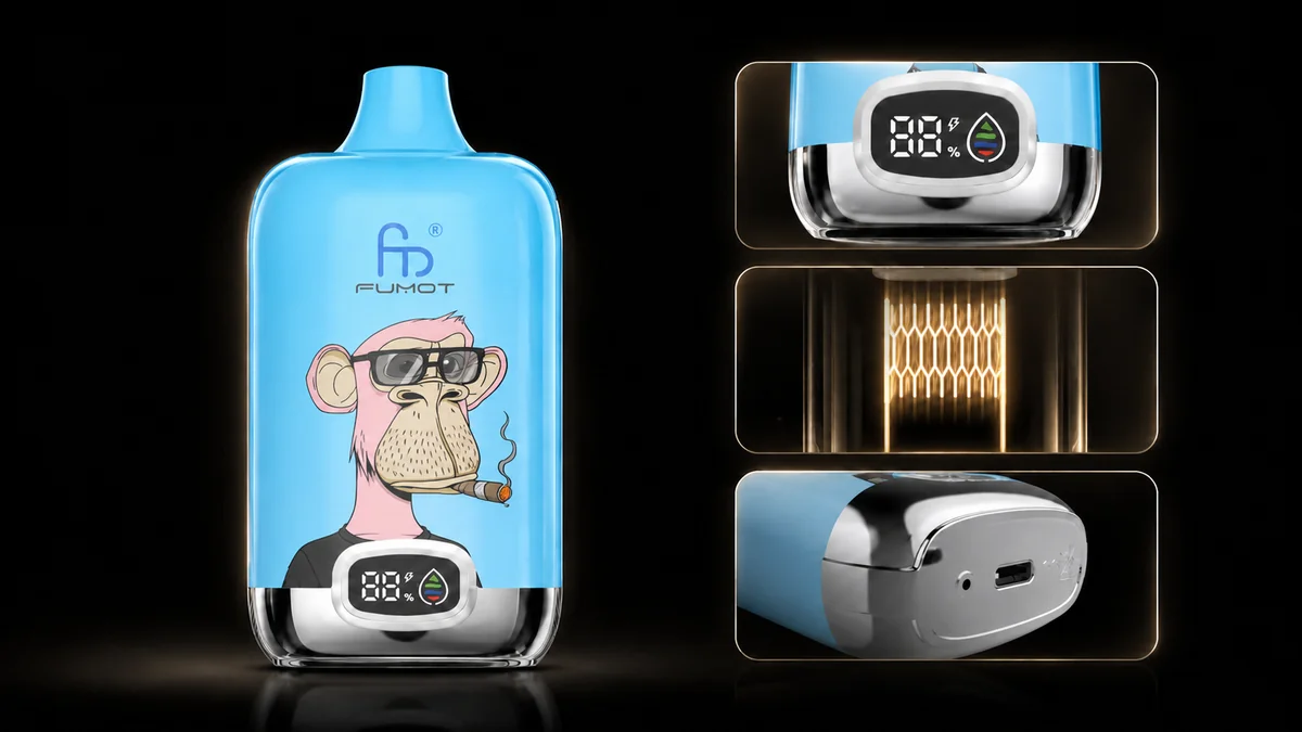 Fumot Digital Box 12000 Grape Ice Vape Funktionsdetails mit Display, Mesh Coil und Ladeanschluss