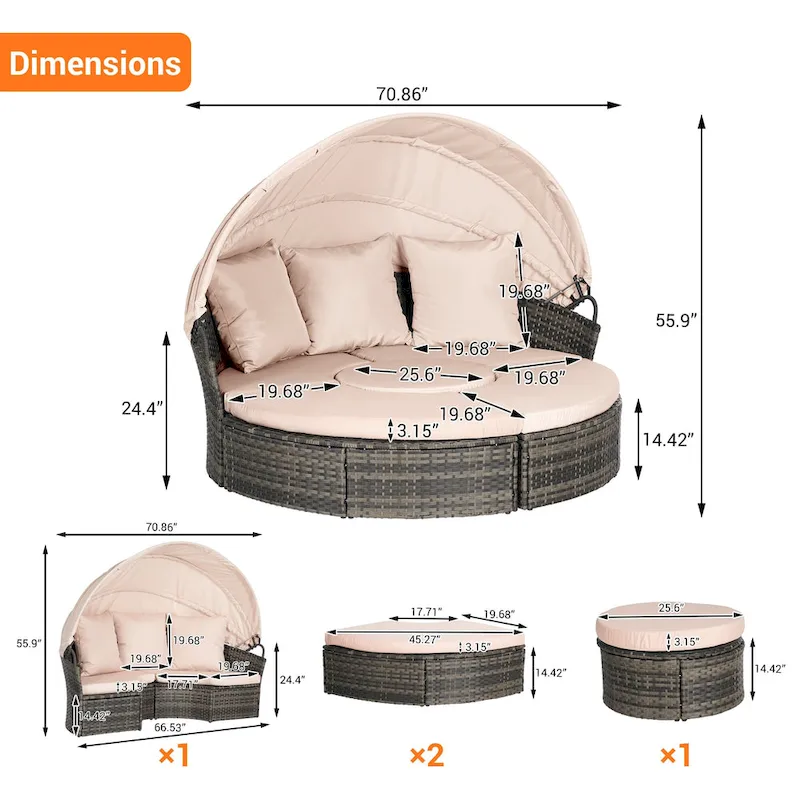 5-Piece Round Daybed Sunbed with Canopy & Removable Cushions
