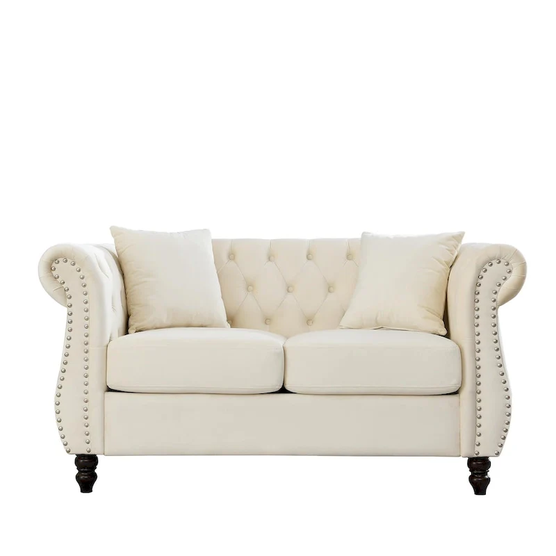 Velvet Chesterfield Loveseat Sofa, Rolled Arms, Nailhead Trim