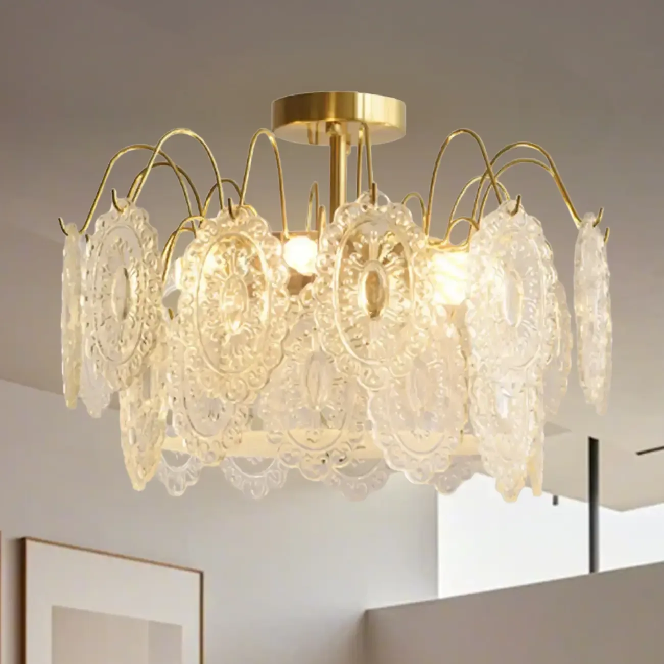 Elegant Round Gold Clear Glass Semi Flush Ceiling Light