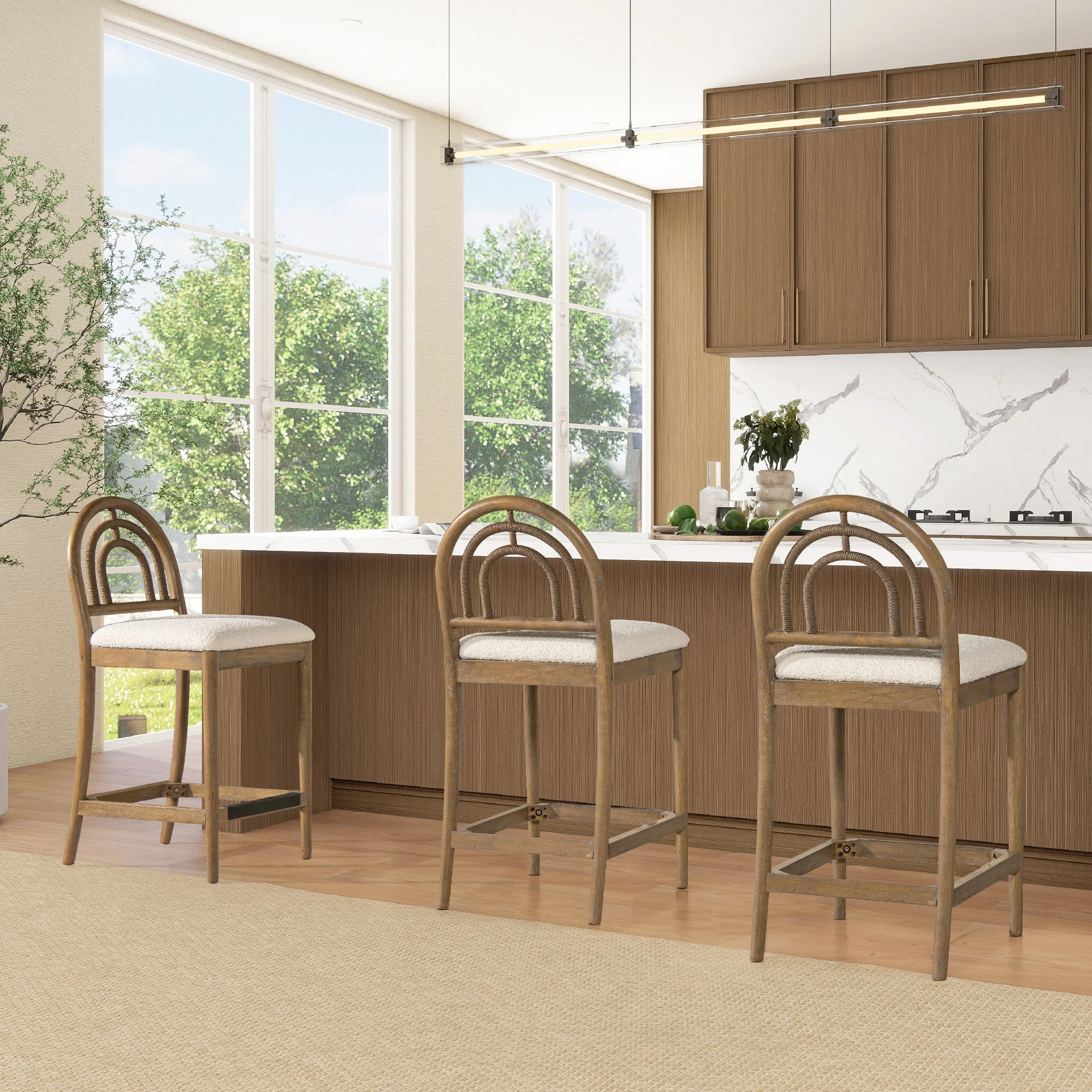 Leon 27' Arched Back Wood & Upholstered Counter Stool, Set of 2