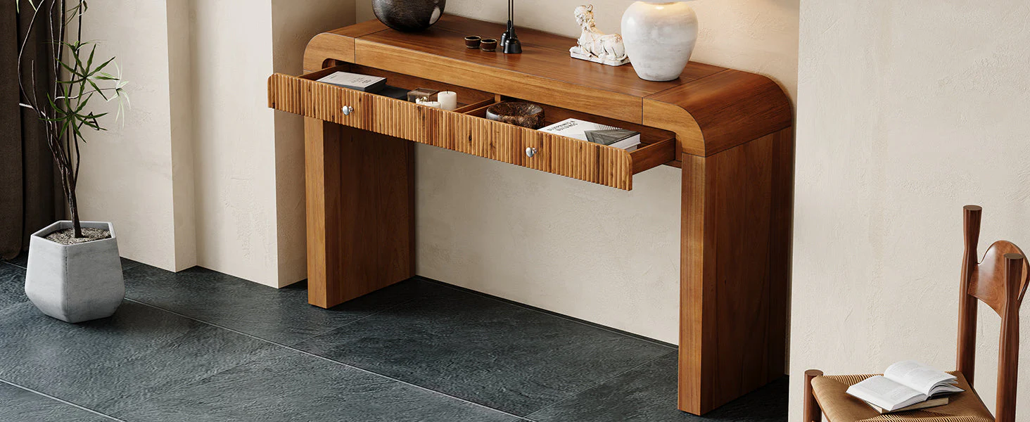 Walker Edison | Entryway Fluted Curve Design Console/Desk Table with Drawers