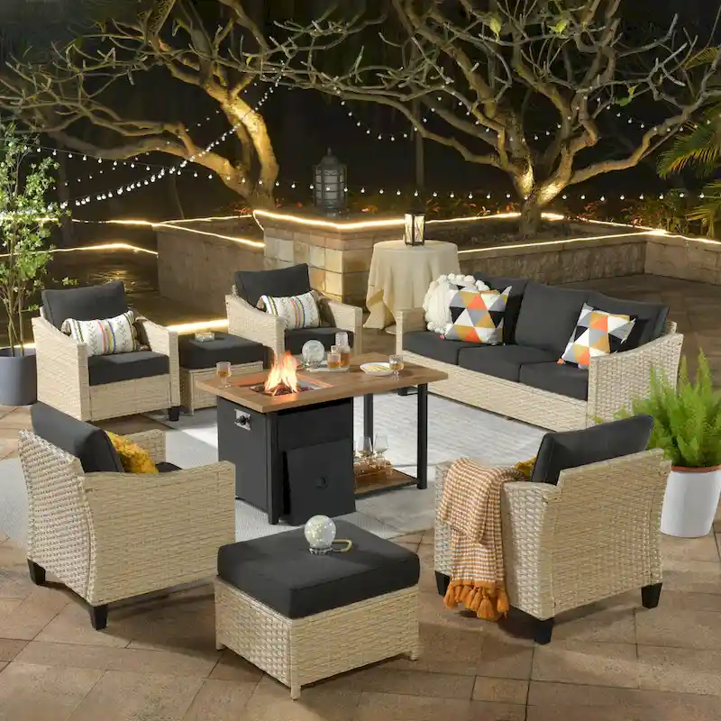 HOOOWOOO 8-piece Patio Wicker Rattan Conversation Set with Multifunctional Fire Pit Table