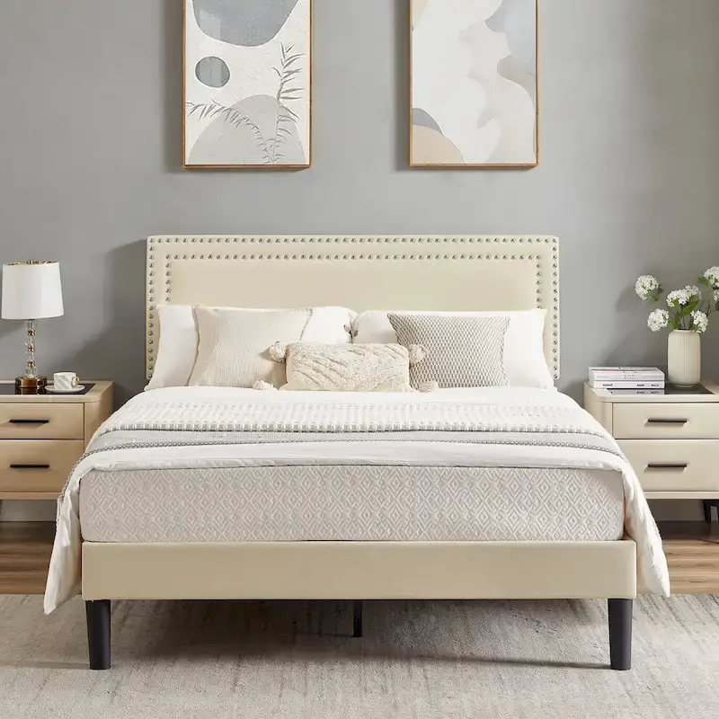 Nailhead Upholstered Platform Bed Frame with Adjustable HeadboardTwin/Full/Queen Size Beds, Beige
