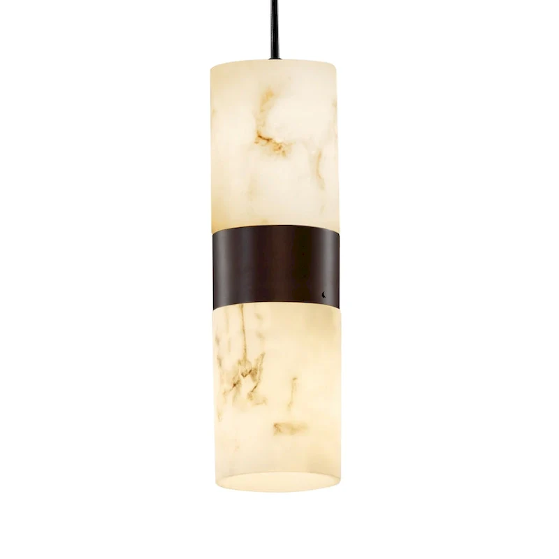 LumenAria Dakota Dark Bronze 2-Up & Downlight Pendant, Faux Alabaster Cylinder w/ Flat Rim Shade