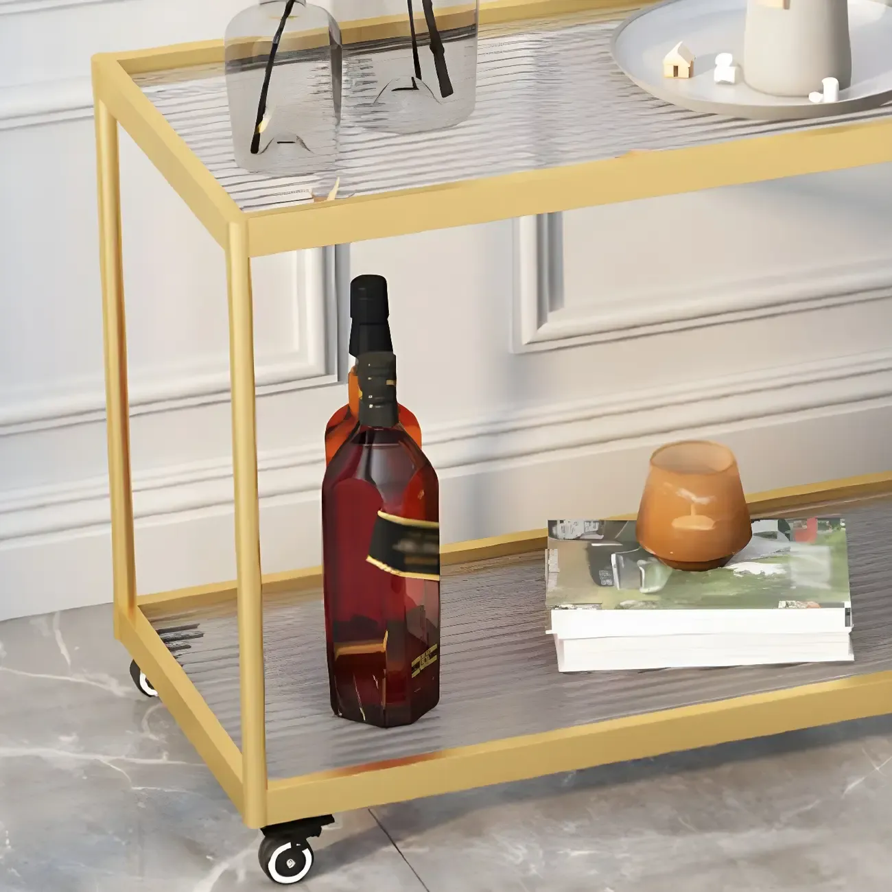 Gold Glass Rectangular Top Shelf Side Table on Wheels