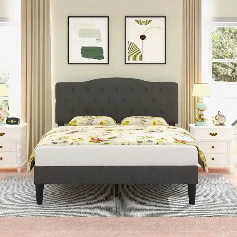 VECELO Modern Upholstered Bed with Height Adjustable Tufted Headboard ,Dark Grey