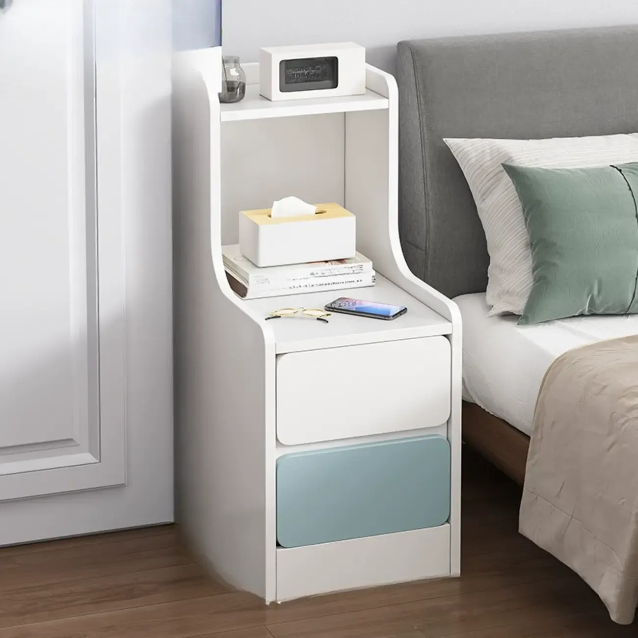 Modern Bedside Table with Drawers - White Nightstand