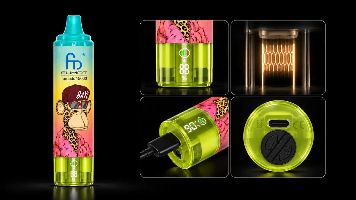 FUMOT Tornado 15000 Green Grape Melon – Detailansichten von Display, Heizsystem, USB-C-Anschluss und Luftregulierung