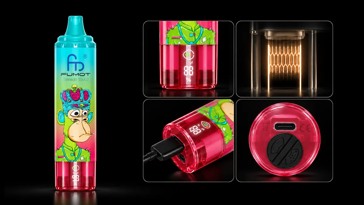 FUMOT Tornado 15000 Strawberry Watermelon – Detailansichten von Display, Heizsystem, USB-C-Anschluss und Luftregulierung