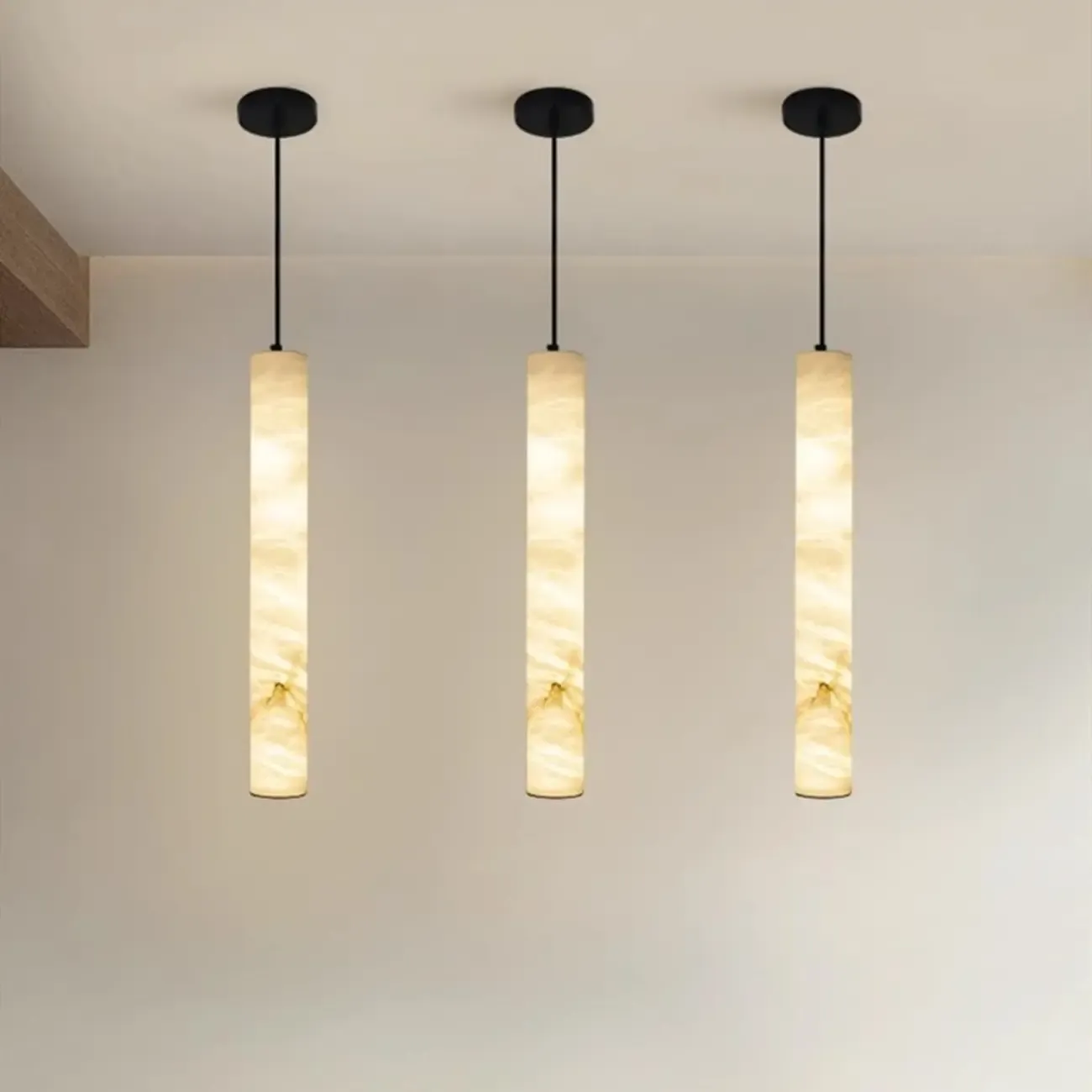 Modern Black Metal Alabaster Cylinder LED Pendant Light