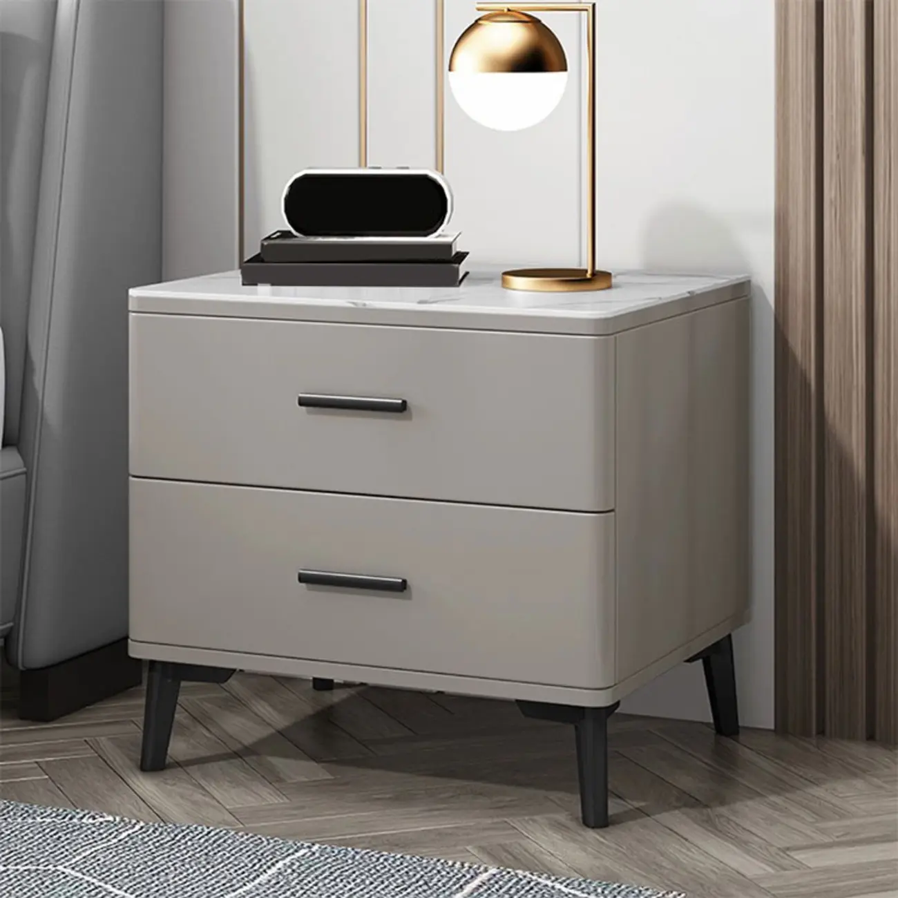 Modern White Stone Top Oak 2-Drawer Nightstand