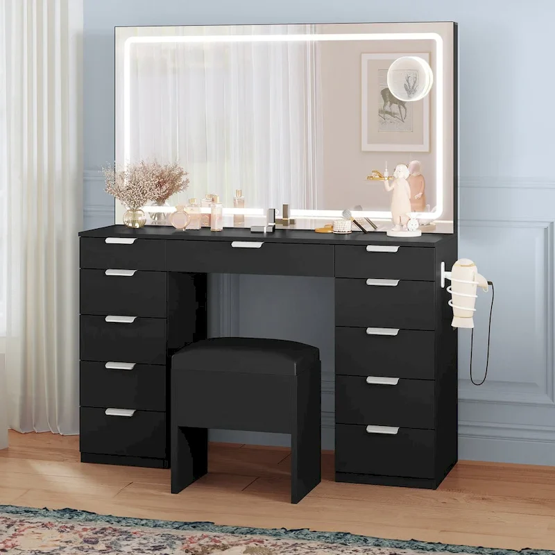 Moasis Makeup Vanity Table Set with Large LED Lighted Mirror and 11 Drawers - 46L*11.7W*55.9H