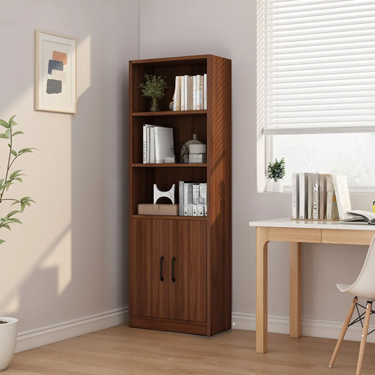 Classic Brown Wooden Vertical 3 Drawers Storage Bookcase