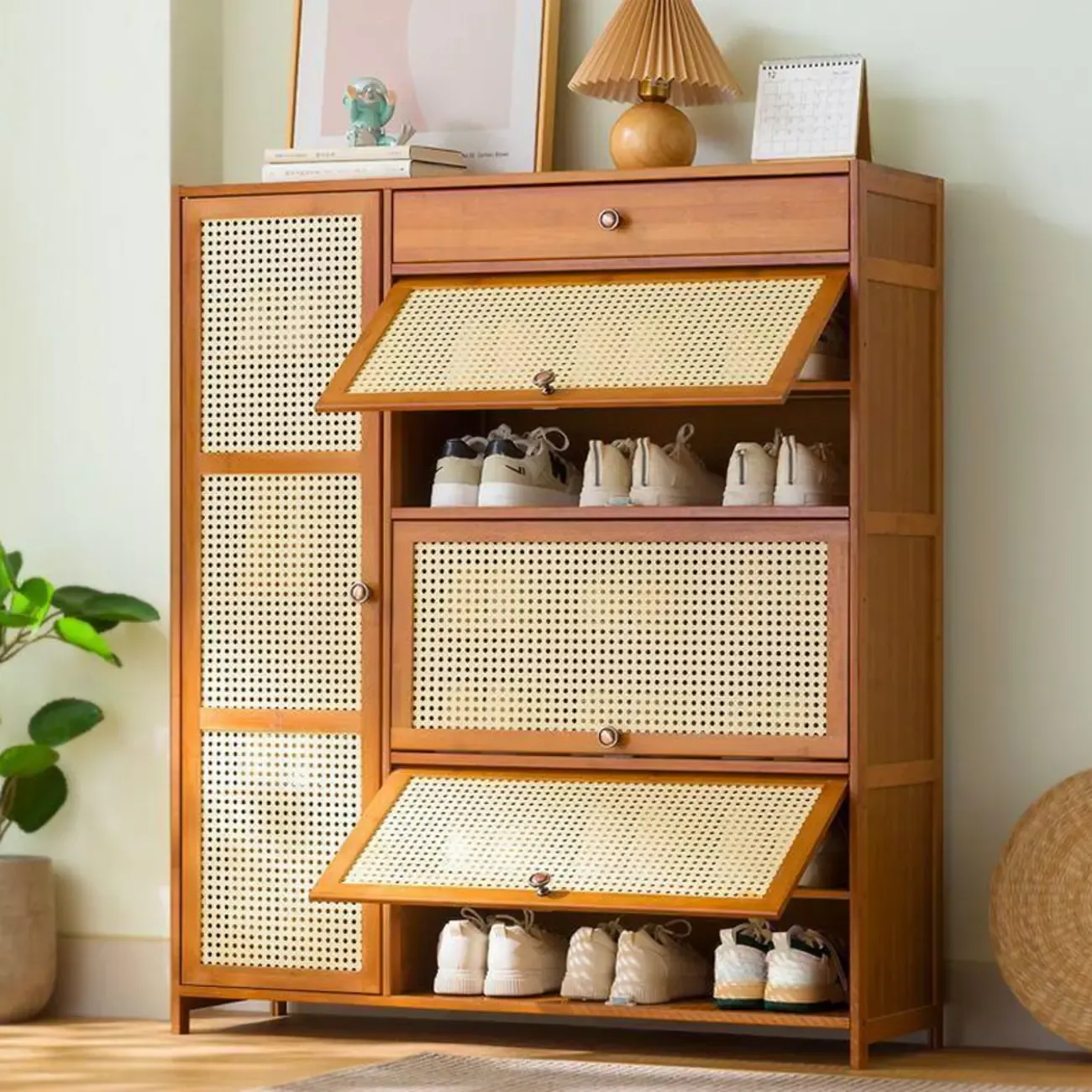 Bohemian Brown Wood Shoe Cabinet with Cane Doors