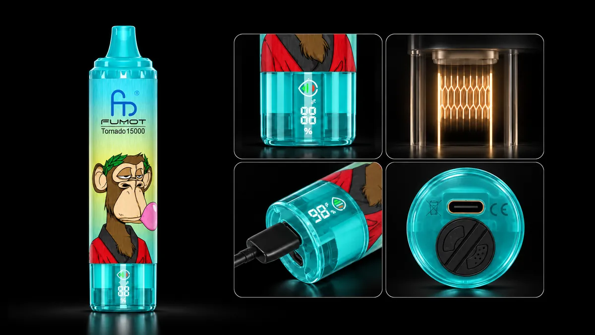 FUMOT Tornado 15000 Fresh Menthol Mojito – Detailansichten von Display, Heizsystem, USB-C-Anschluss und Luftregulierung