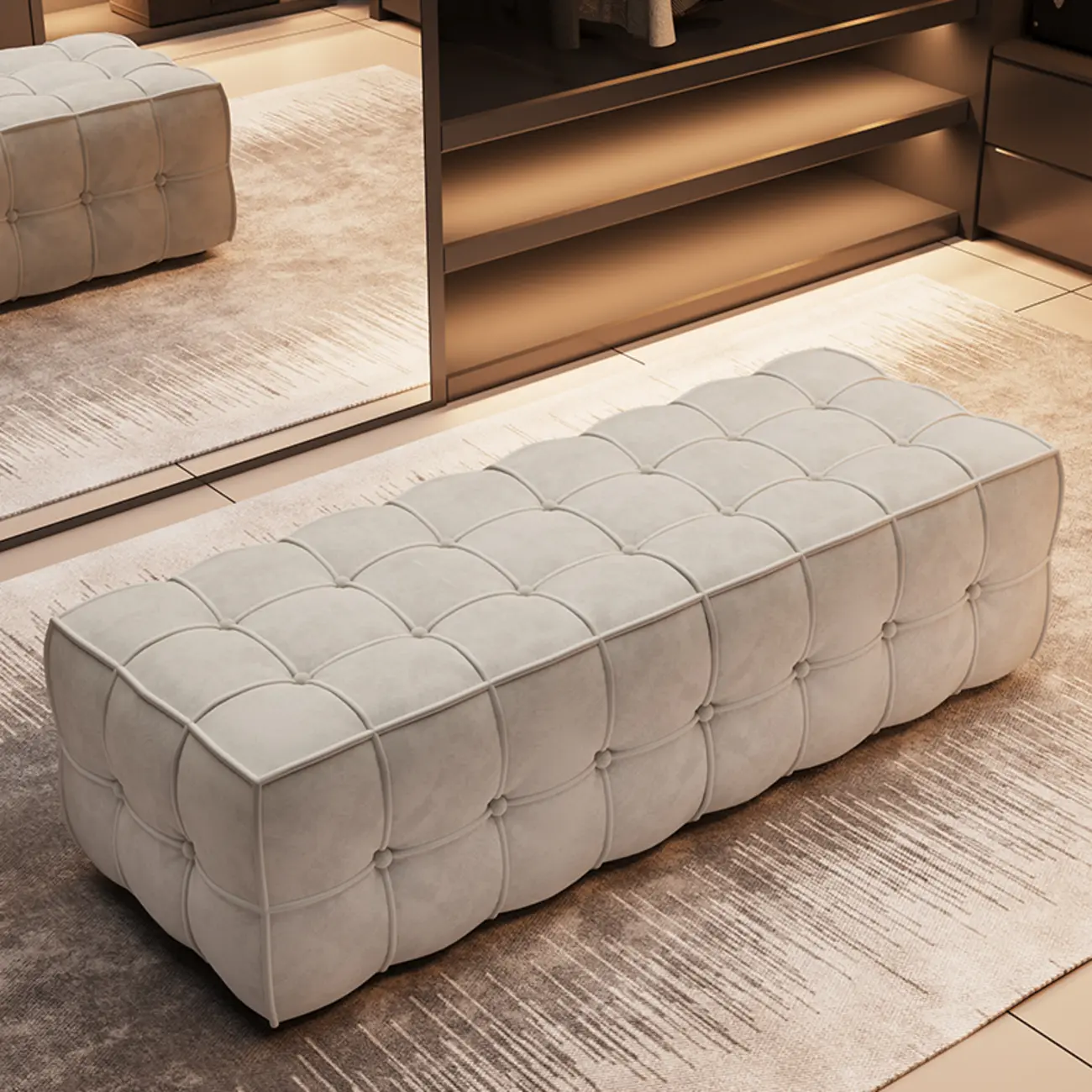 Modern White Upholstered Tufted Bedroom Bench