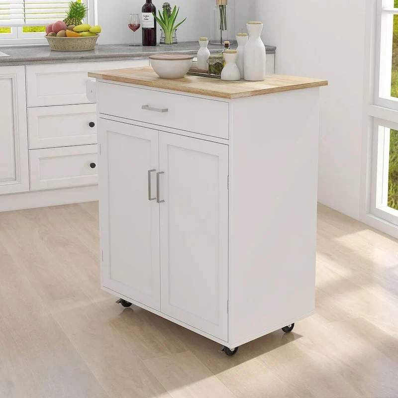 32.87 W Modern Rubberwood Countertop Kitchen Island with Adjustable Shelves and Towel Racks