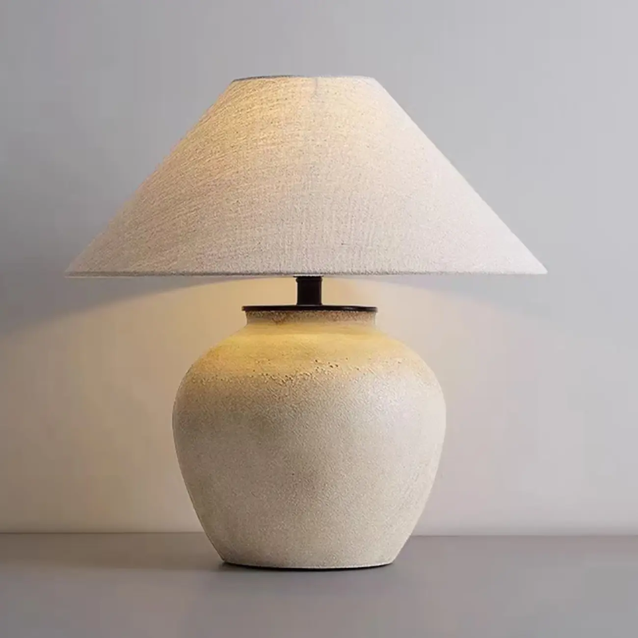Simple Modern Ceramic Yellow LED Table Lamp in Fabric Shade