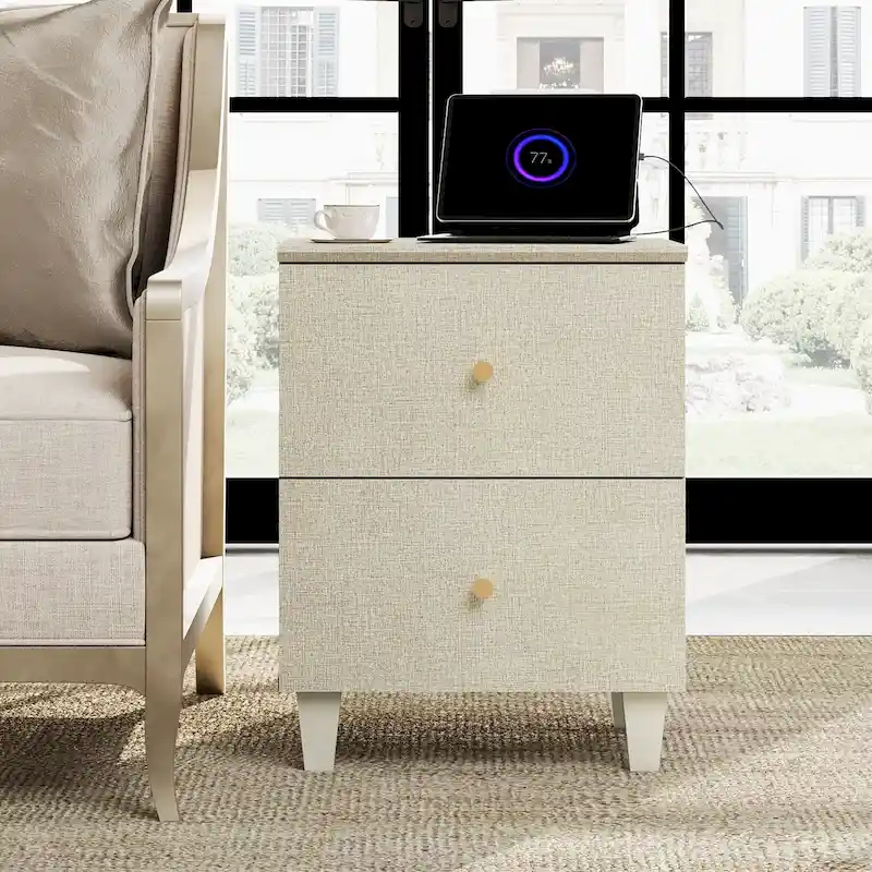 WAMPAT End Table with Charging Station and 2 Drawer for Living Room