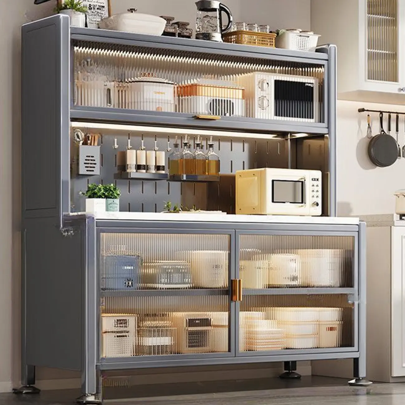 Modern Metal Buffet with Stone Countertop Narrow Design