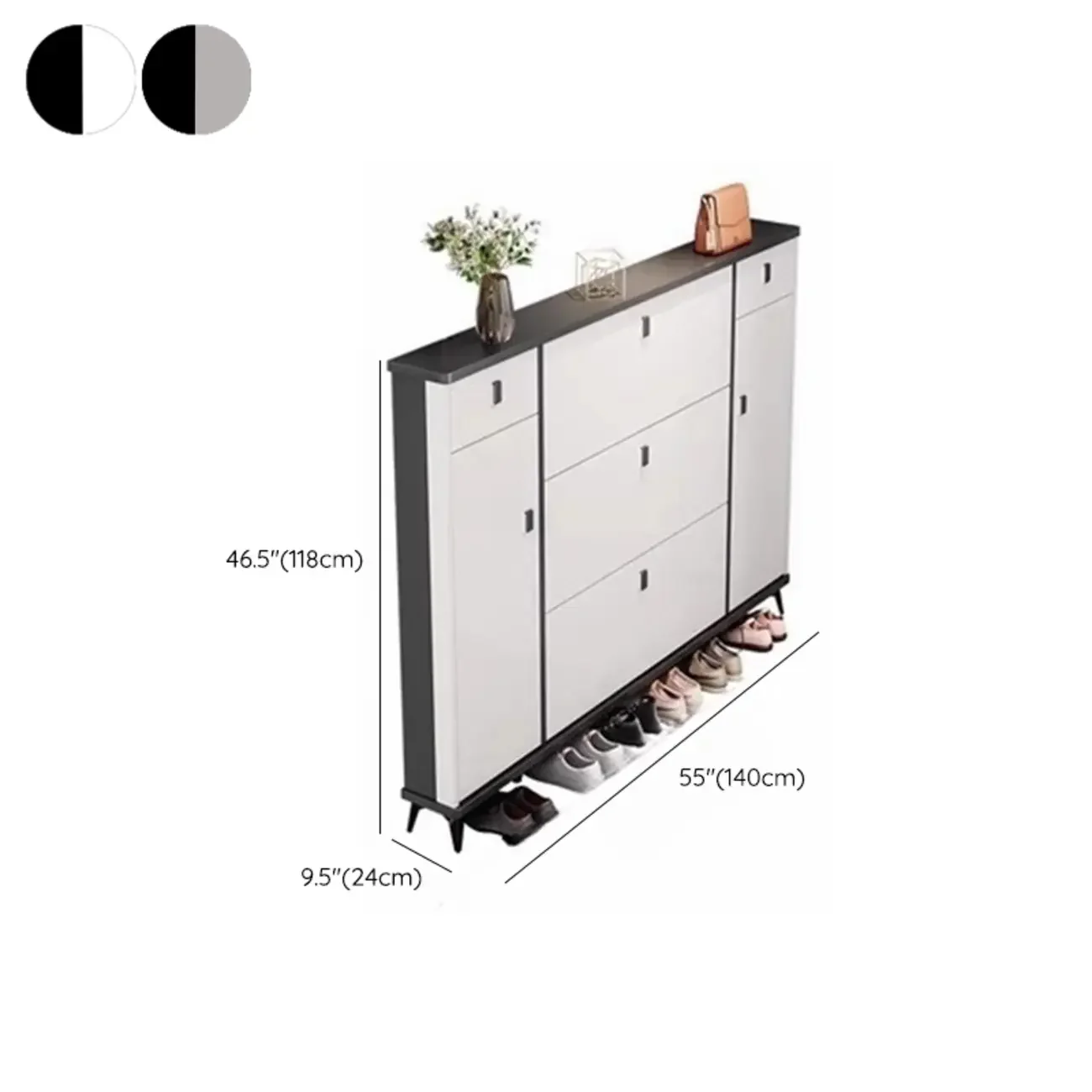 Narrow Black-White Solid Wood Drop Front Shoe Cabinet