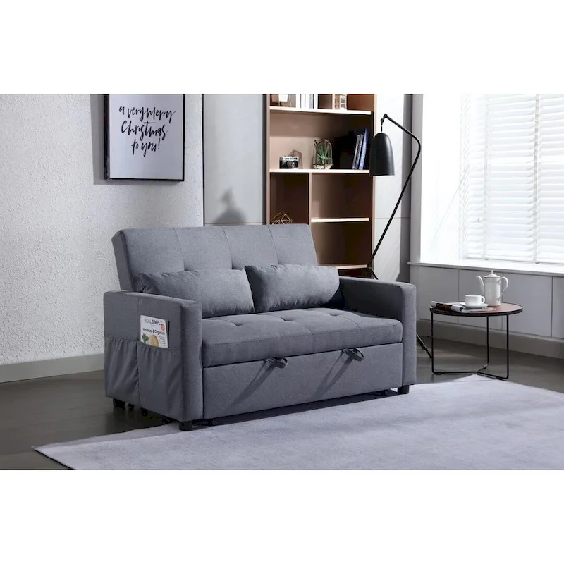 Light Grey Linen Fabric 3-In-1 Convertible Sleeper Loveseat With Side Pocket