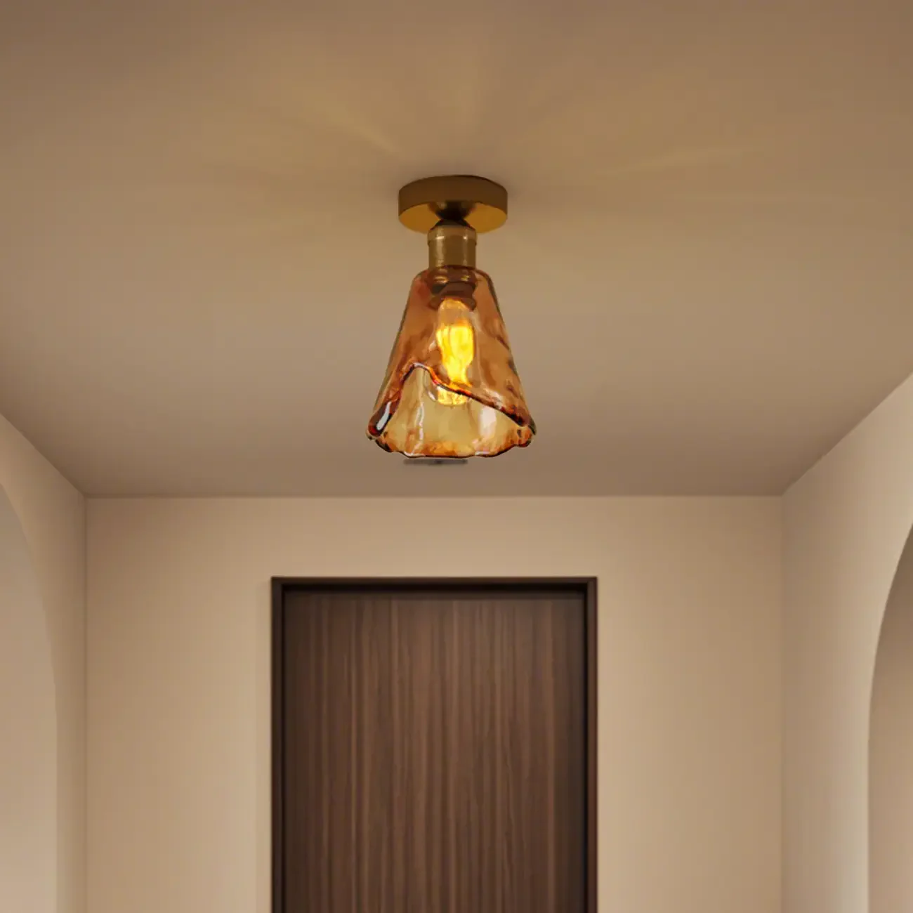 Modern Brass Amber Glass Cone Semi Flush Ceiling Light