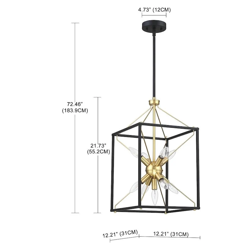 12.2 in. 9-Light Modern Rectangle Lantern Pendant Light with Matte Black finish and Gold Accents