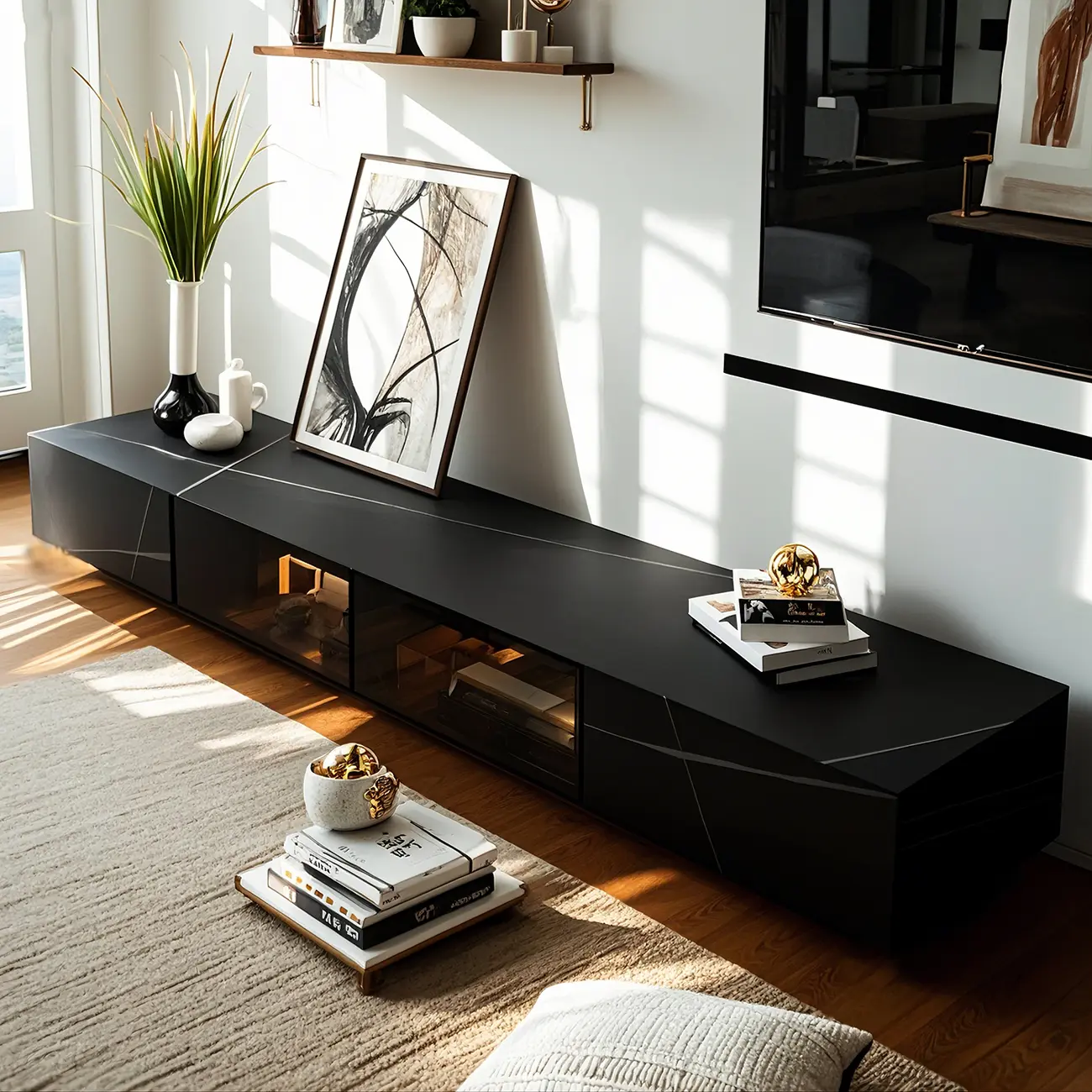 Black Modern Stone Rectangle Drawers TV Stand with LED Lights
