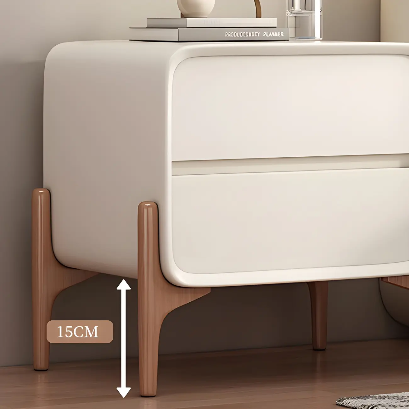 Simple Curved Wooden Faux Leather 2 Drawer Nightstand