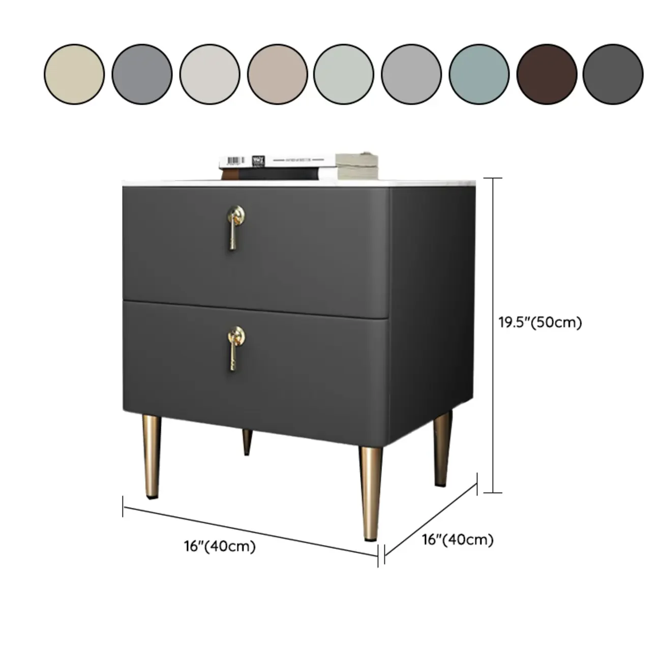Modern Stone Top Gold Accents Leather 2 Drawer Nightstand