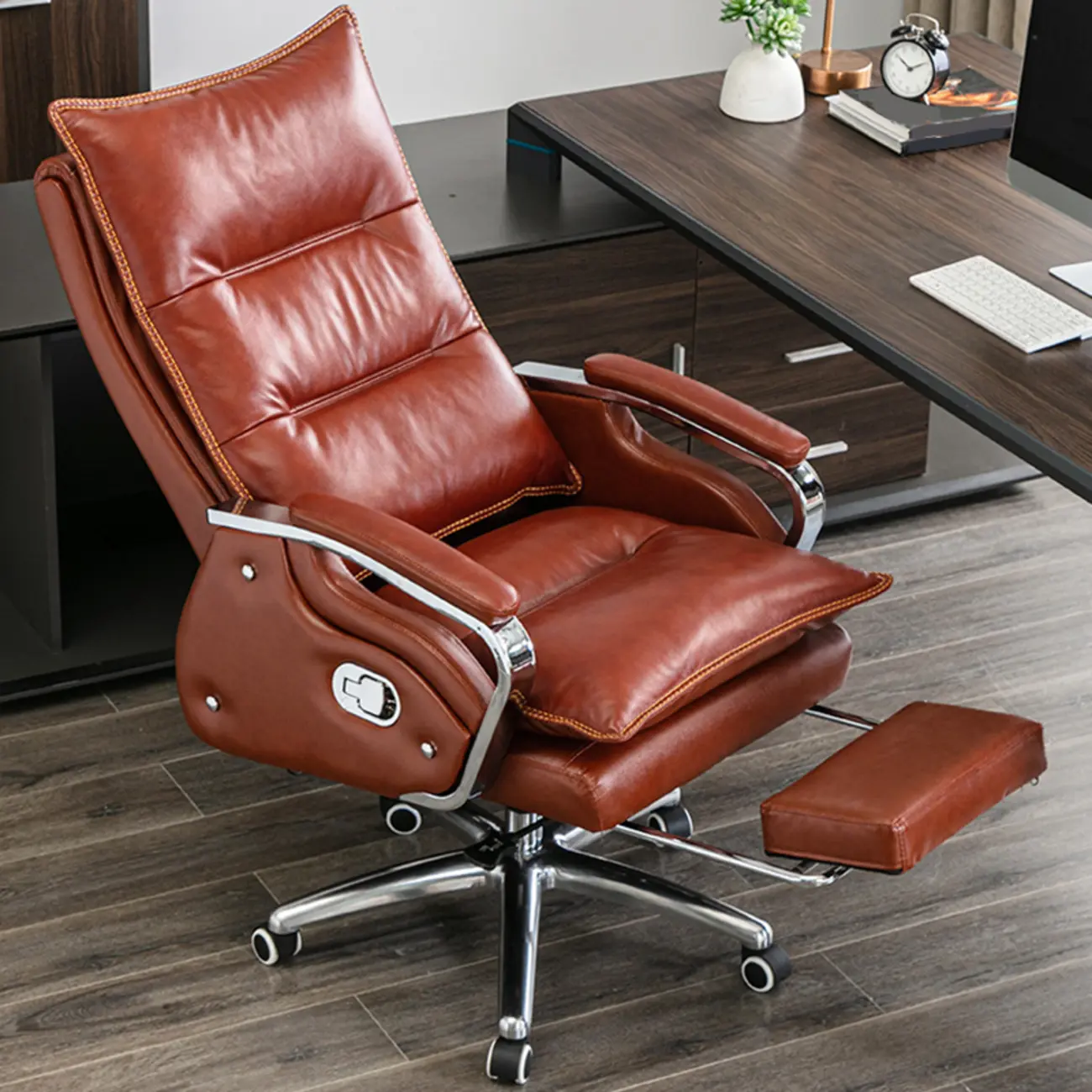 Executive Reddish Brown Leather Reclining Office Chair