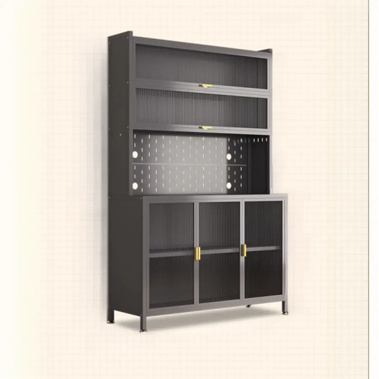 Modern Steel Multi-Shelf Sideboard with Pegboard Back